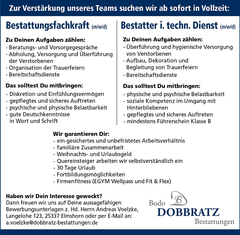 Stellenanzeige Bestattungskraft (m/w/d) und Bestatter i. tech. Dienst (m/w/d)